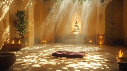 Obraz premium Serene indoor space; statue, sunlight, meditation cushion.