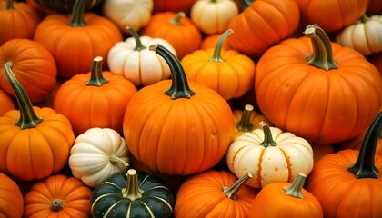 The image displays a vibrant assortment of pumpkins and gourds in various shapes, sizes, and colors. Predominantly, there are bright orange pumpkins, along with smaller white and green varieties. The 