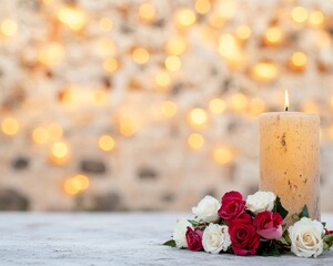 Obraz premium Candlelit Vigil in Front of Marian Shrine with Roses Spiritual Atmosphere for Day of the Virgin of Guadalupe, Christmas, and Easter