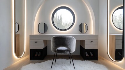 Fototapeta premium Modern vanity with arched mirrors and round window.