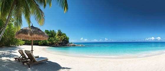 Naklejka premium A beautiful beach with white sand, turquoise water, and palm trees on the left side of the picture