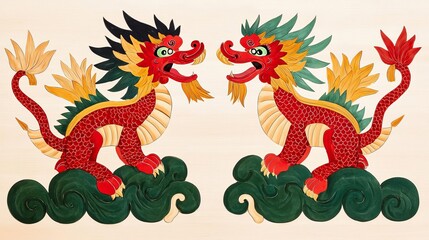 Obraz premium China set culture local concept. Colorful dragons facing each other on stylized clouds.