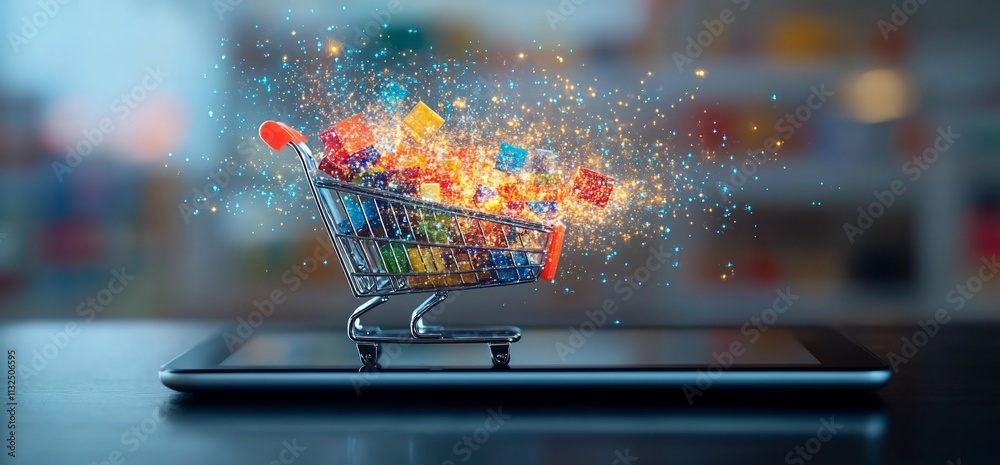 Poster A shopping cart overflowing with colorful items appears on a tablet screen.