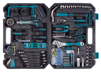 open black case in top view box filled with turquoise blue green diy hand tools isolated white background.  toolbox construction kit