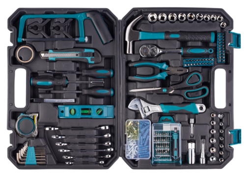 open black case in top view box filled with turquoise blue green diy hand tools isolated white background.  toolbox construction kit