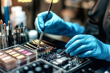 Professional makeup artist wearing blue nitrile gloves carefully selecting brushes and eyeshadows, preparing a palette for a client in a beauty salon