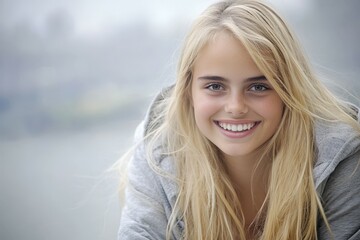 Naklejka premium Close-up of a blonde woman with fur coat standing outside in winter.. Beautiful simple AI generated image