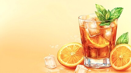 Fototapeta premium Colorful hand-drawn illustration of an aperol spritz cocktail featuring ice cubes, orange slices, and mint leaves, creating a refreshing summer beverage with copy space
