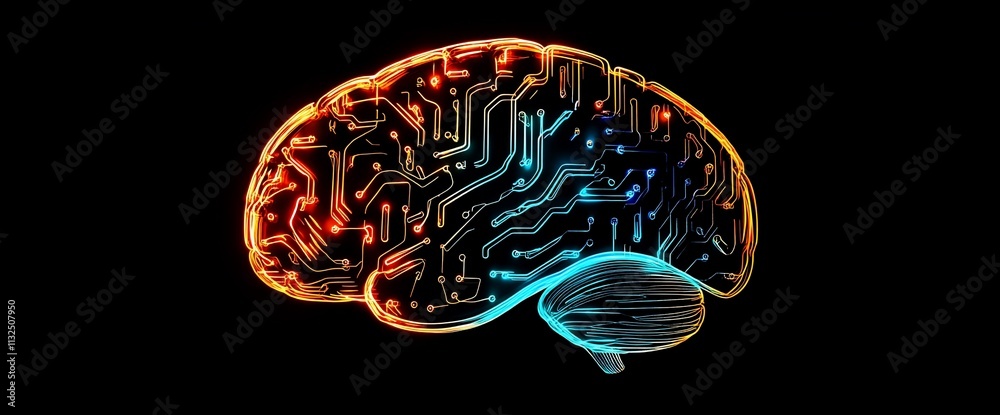 Poster A stylized brain with circuit patterns, symbolizing technology and intelligence.