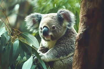 Obraz premium Koala resting peacefully on an eucalyptus tree branch, enjoying the tranquility of its natural habitat in a lush forest, showcasing the unique beauty of australian wildlife
