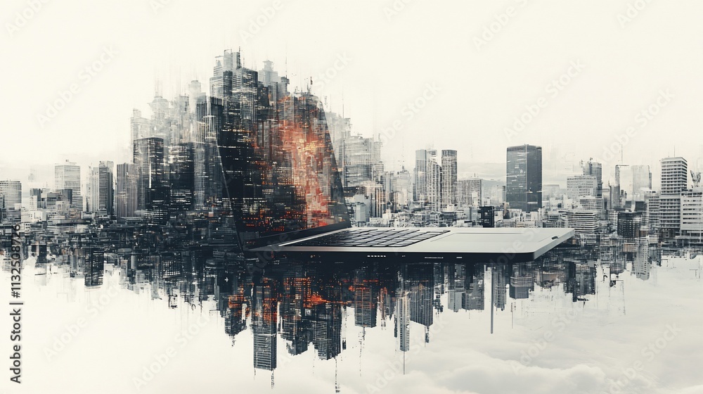 Poster a surreal blend of a cityscape emerging from an open laptop.