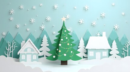 Fototapeta premium Paper Craft Winter Wonderland: Christmas Tree and Cozy Cottages in a Snowy Mountain Landscape