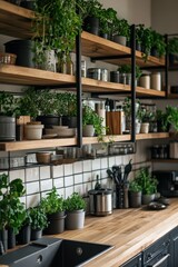 Fototapeta premium Modern Kitchen With Wooden Shelves And Abundant Greenery