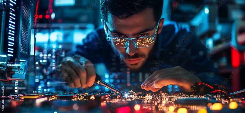 Poster A technician works on a circuit board in a high-tech environment.