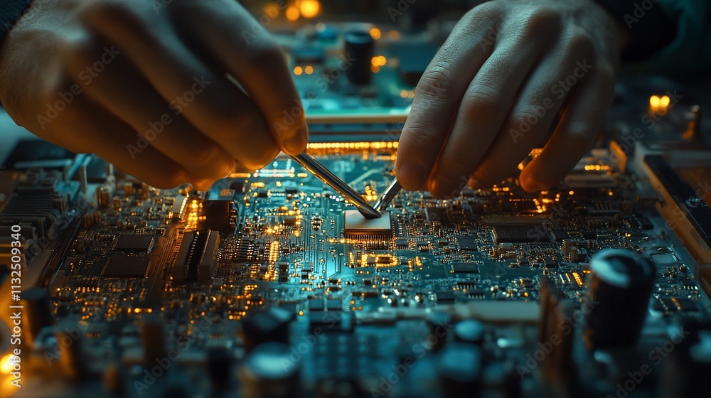 Aufkleber A technician working on a circuit board with tools and glowing components.