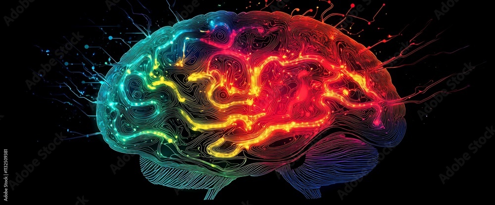 Poster a vibrant digital illustration of a brain with colorful neural connections.