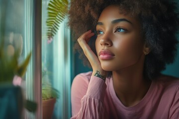 accounting, taxes and finances concept - young african american woman with papers and calculator at home. Beautiful simple AI generated image