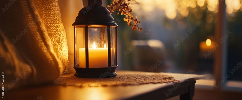 Poster a warm candlelit lantern on a table, creating a cozy atmosphere.