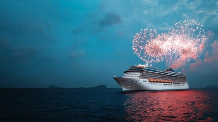 New year concept. Cruise ship with fireworks on a tranquil evening sea.