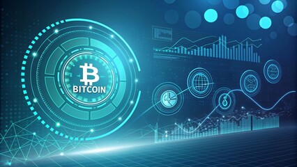 Obraz premium Futuristic bitcoin visualization, digital cryptocurrency concept, glowing blue technology background, financial chart and graph V2