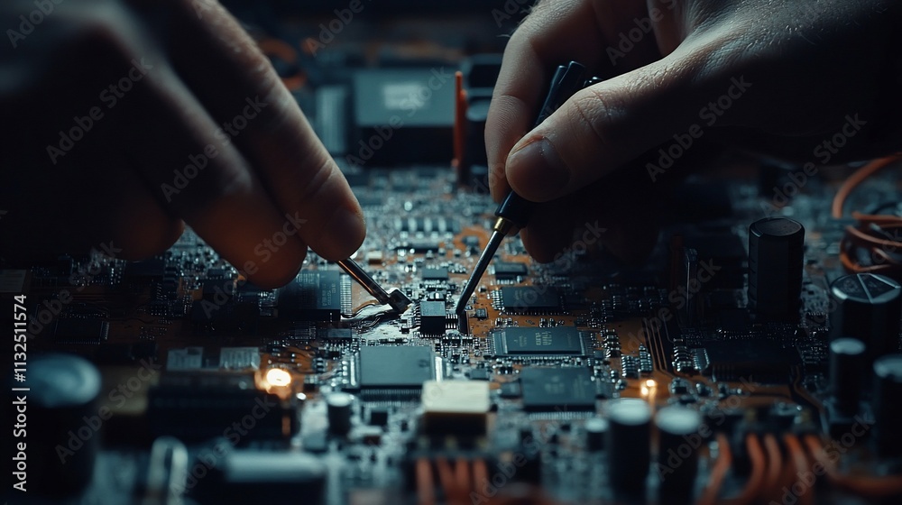 Poster close-up of hands repairing a circuit board with precision tools.