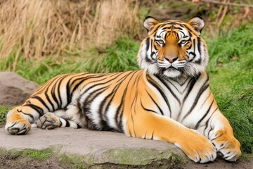 Naklejka premium Close-up of tiger in lush green jungle with sharp gaze. Beautiful simple AI generated image