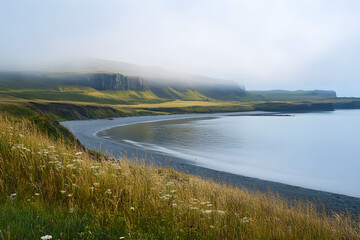 Surreal Misty Beach at Dawn with Foggy Cliffs and Flowery Meadow - Dreamy Atmosphere and Tranquil Landscape