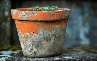 Naklejka premium Weathered terracotta pot with small plant.
