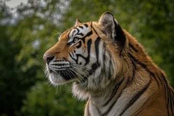 Fototapeta premium Close-up of tiger in lush green jungle with sharp gaze. Beautiful simple AI generated image