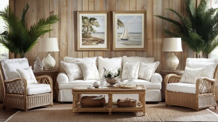 Naklejka premium Coastal Living Room Featuring White Sofa and Rattan Chairs