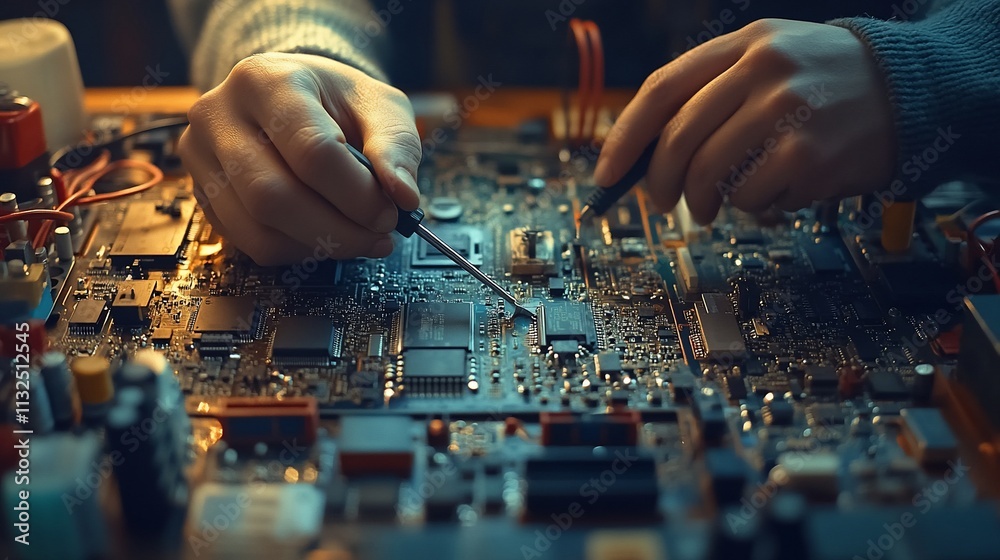 Poster hands working on a circuit board with tools for electronic repair.