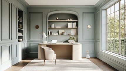 Elegant Home Office With Built In Shelving And Large Window