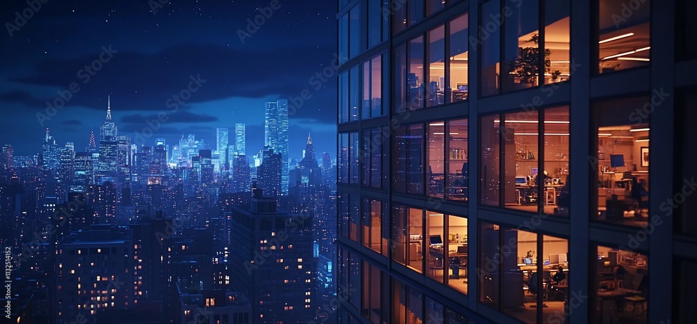 Poster nighttime cityscape showcasing illuminated office spaces in a skyscraper.