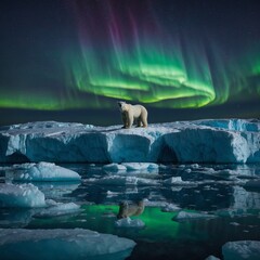 Obraz premium A polar bear standing on a glowing iceberg under the northern lights.
