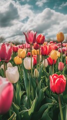 Blooming tulips colorful garden serene field sky photography picture