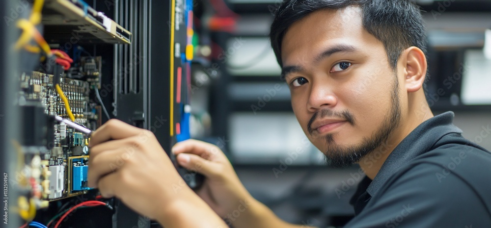 Poster Technician working on computer hardware in a tech environment.