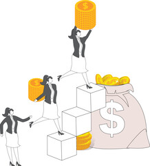 Collecting gold coins, accumulating wealth, financing, capital exploitation, hierarchy, increasing taxes, paying debts or loans, bosses or managers allowing small businesswomen to collect gold coins i