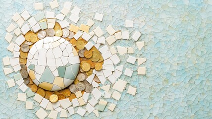 Forcast of economic recession and inflation. Creative mosaic of a globe surrounded by colorful tiles and coins.