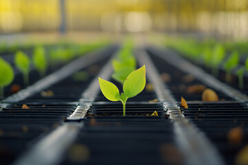 Close-up of a single row of seedlings in black plastic trays, focus on the vibrant green leaves