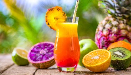 Fototapeta premium Zesty Tropical Juice Blends with Fresh Ingredients and Vibrant Colors