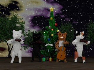 星空の下のクリスマスツリーと猫たちの弦楽四重奏