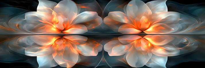 Obraz premium Abstract Floral Artwork, Glowing Petals Reflecting in Dark Water, Serene and Dreamlike Image.