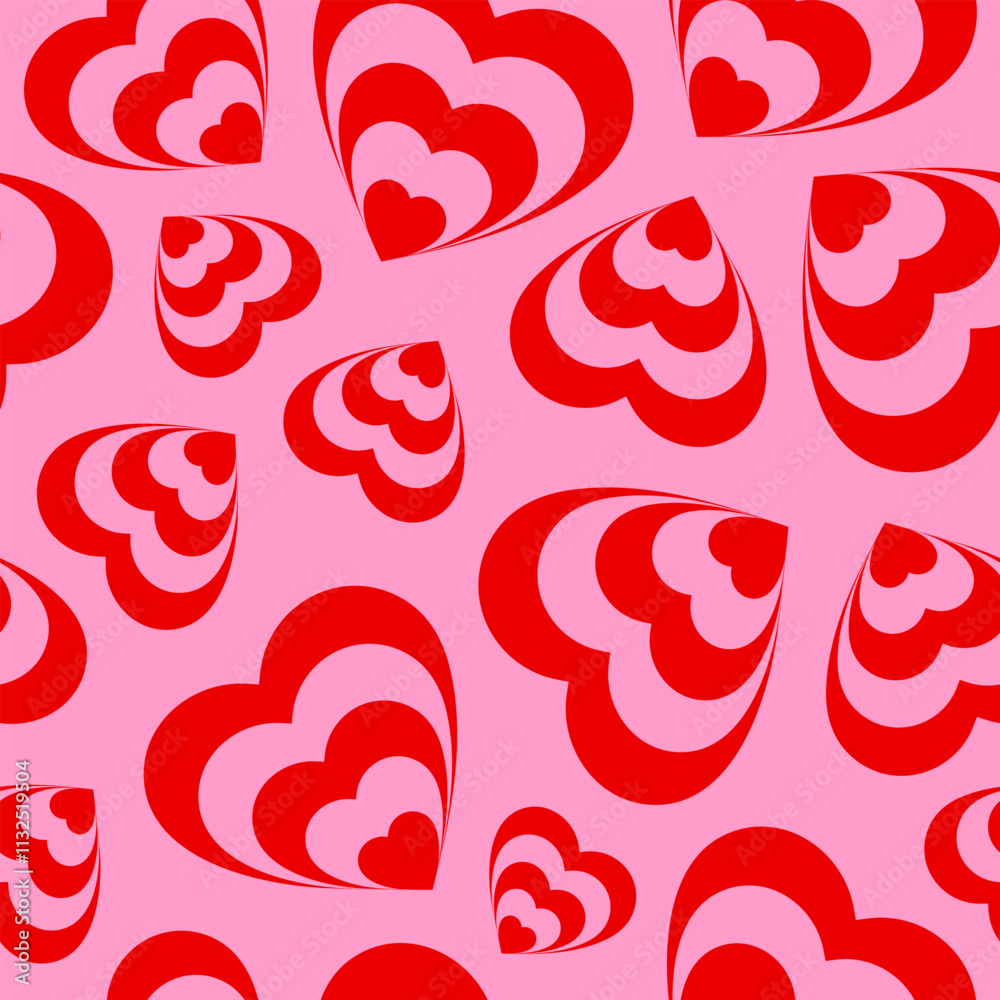 Poster monochrome seamless pattern of heart shaped tunnel. rainbow romantic pattern. pink and red colors. t