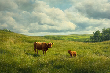 Naklejka premium Scottish landscape, green meadow and grazing cows.