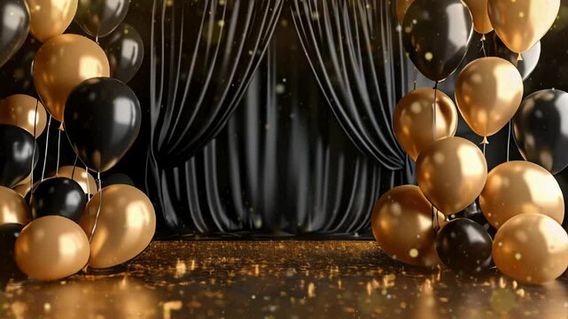Golden and black air balloon with glitter confetti on black animated video background. Luxury celebration backdrop with copy space. Stylish holiday design party poster, invitation, banner