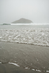 Chesterman beach all foggy on a moody, cloudy day. Near Tofino, Vancouver Island, British Columbia,...