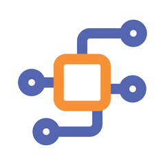 An abstract digital illustration depicting an orange square connected by blue lines symbolizing a network or system.