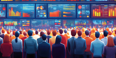 Audience Observing Data Visualizations on Giant Screens: Analyzing Market Trends and Financial Performance with Detailed Charts and Graphs Displayed for Comprehensive Insights.