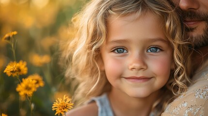 Fototapeta premium Smiling girl in a blooming flower field with a warm embrace