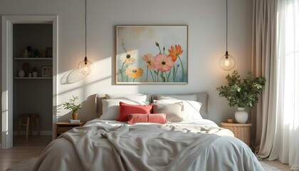 Obraz premium A cozy bedroom with light gray walls, a neutral bedspread, and colorful accent pillows and artwork cozy bedroom with light gray walls, a neutral bedspread, and colorful accent pillows and artwork.